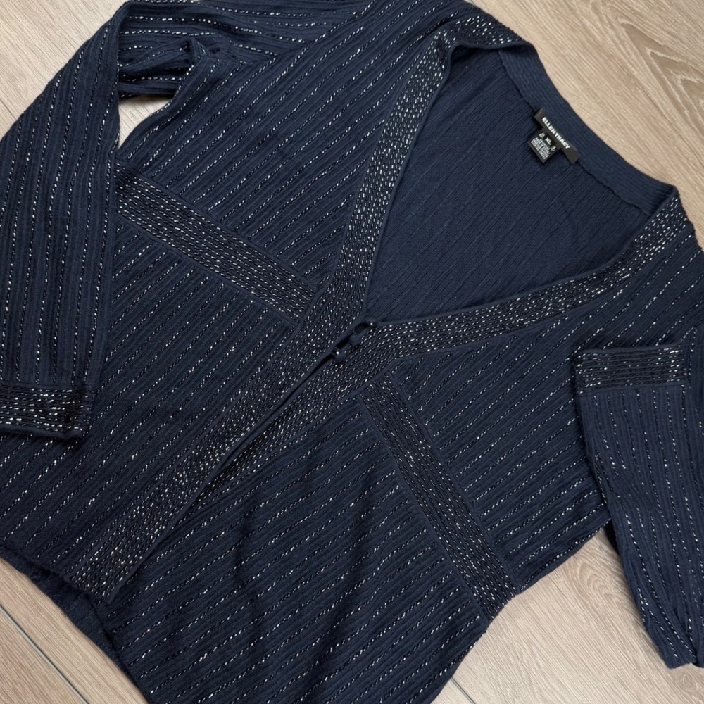 Ellen Tracy Womens Cardigan Silk Cashmere Beaded Ribbed Navy Blue XL